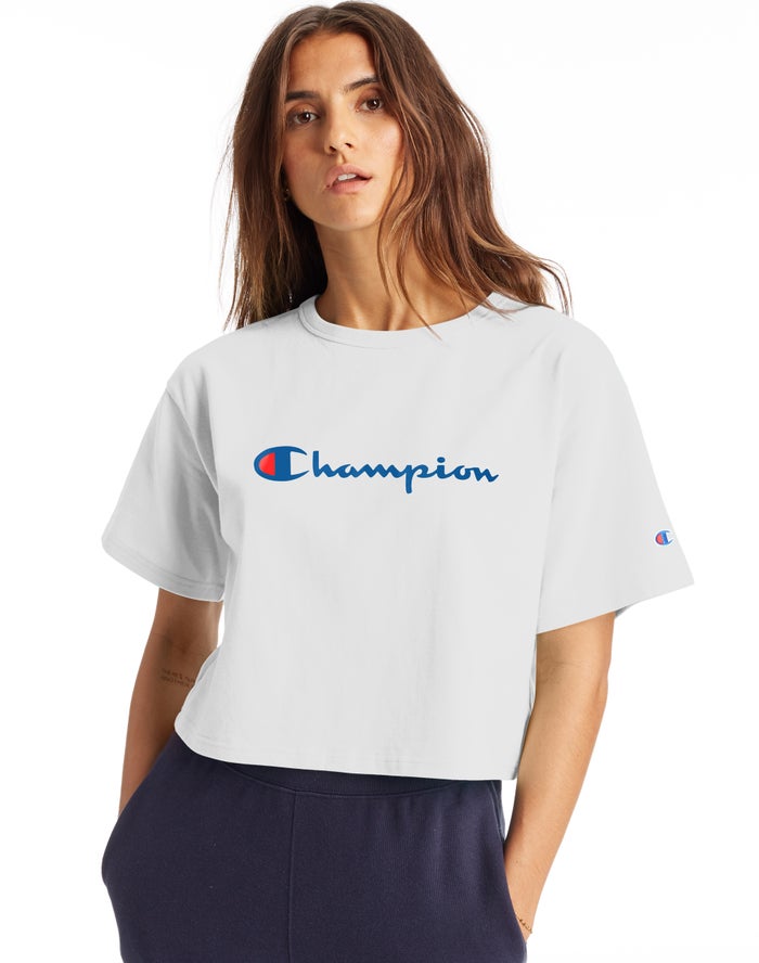 Champion Womens T-Shirt NZ - Heritage Cropped Script Logo White ( 9486-FQMIA )